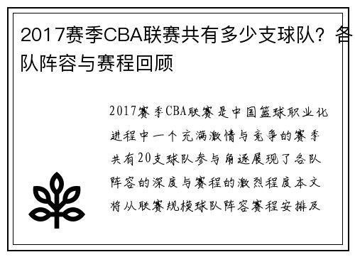 2017赛季CBA联赛共有多少支球队？各队阵容与赛程回顾