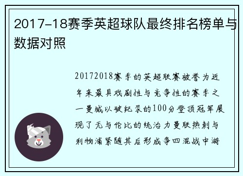 2017-18赛季英超球队最终排名榜单与数据对照